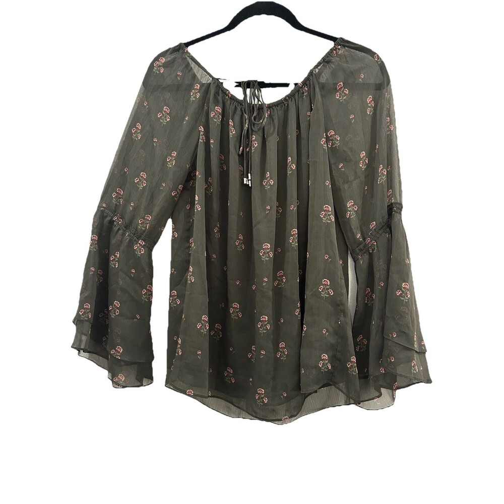 WHITE HOUSE BLACK MARKET Womens Size M Top Green Floral Print Long Sleeve